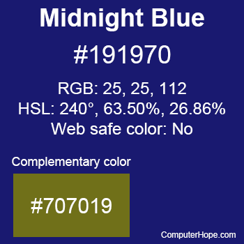 Example of MidnightBlue color or HTML color code #191970 with complementary color #707019.