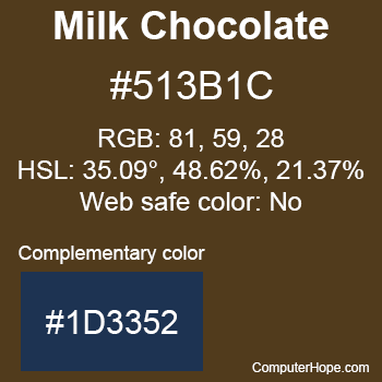 Example of Milk Chocolate color or HTML color code #513B1C with complementary color #1D3352.