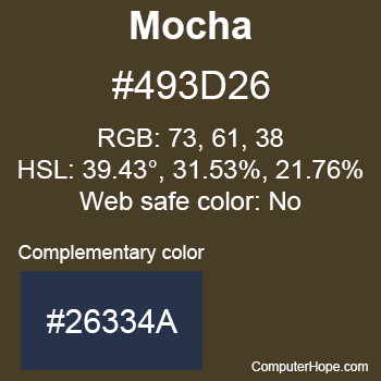 Example of Mocha color or HTML color code #493D26 with complementary color #26334A.