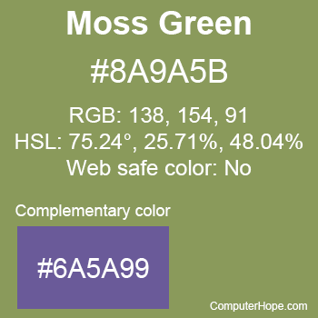 Example of Moss Green color or HTML color code #8A9A5B with complementary color #6A5A99.