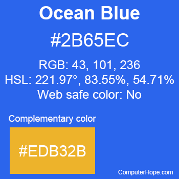 Example of Ocean Blue color or HTML color code #2B65EC with complementary color #EDB32B.