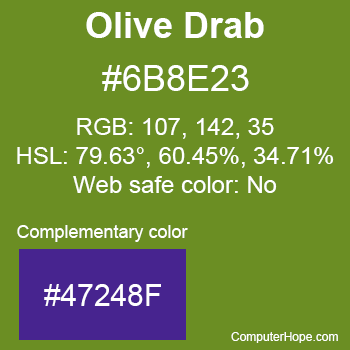Example of OliveDrab color or HTML color code #6B8E23 with complementary color #47248F.