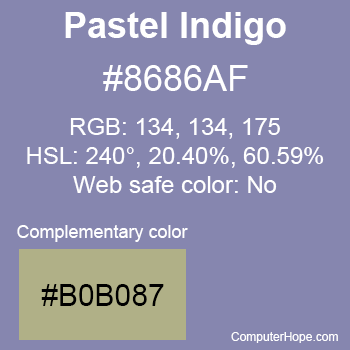 Example of Pastel Indigo color or HTML color code #8686AF with complementary color #B0B087.
