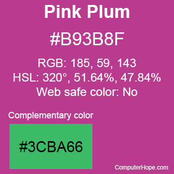 Example of Pink Plum color or HTML color code #B93B8F with complementary color #3CBA66.