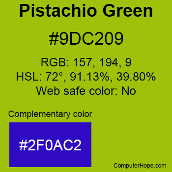 Example of Pistachio Green color or HTML color code #9DC209 with complementary color #2F0AC2.