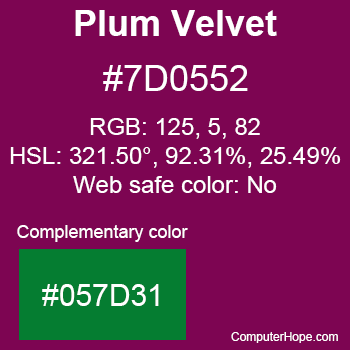 Example of Plum Velvet color or HTML color code #7D0552 with complementary color #057D31.