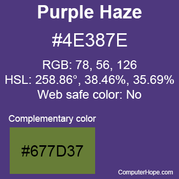 Example of Purple Haze color or HTML color code #4E387E with complementary color #677D37.