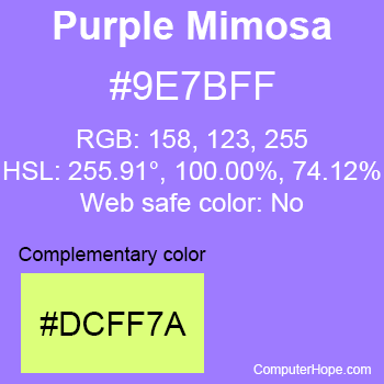 Example of Purple Mimosa color or HTML color code #9E7BFF with complementary color #DCFF7A.