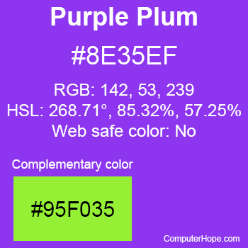 Example of Purple Plum color or HTML color code #8E35EF with complementary color #95F035.