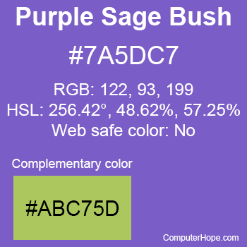 Example of Purple Sage Bush color or HTML color code #7A5DC7 with complementary color #ABC75D.