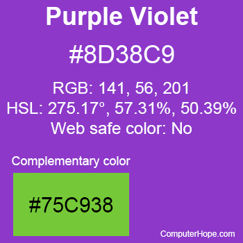 Example of Purple Violet color or HTML color code #8D38C9 with complementary color #75C938.