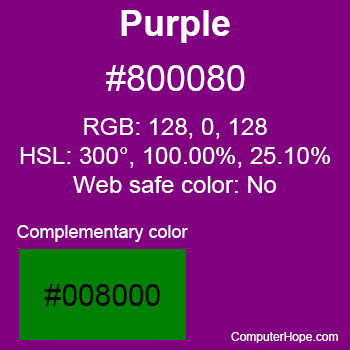Purple color with the HTML color code, RGB, and HSL values and that it's not a web safe color.