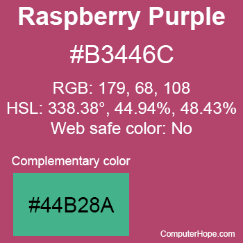 Example of Raspberry Purple color or HTML color code #B3446C with complementary color #44B28A.