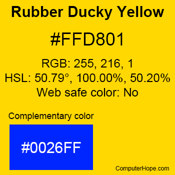 Example of Rubber Ducky Yellow color or HTML color code #FFD801 with complementary color #0026FF.
