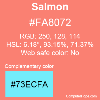 Example of Salmon color or HTML color code #FA8072 with complementary color #73ECFA.