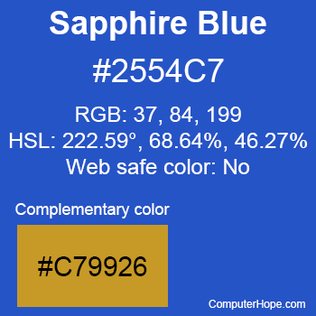 Example of Sapphire Blue color or HTML color code #2554C7 with complementary color #C79926.