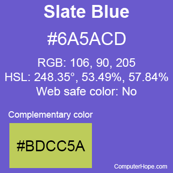 Example of SlateBlue color or HTML color code #6A5ACD with complementary color #BDCC5A.