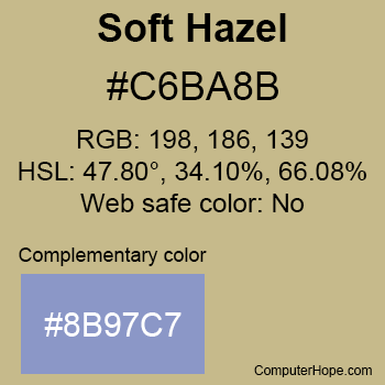 Example of Soft Hazel color or HTML color code #C6BA8B with complementary color #8B97C7.
