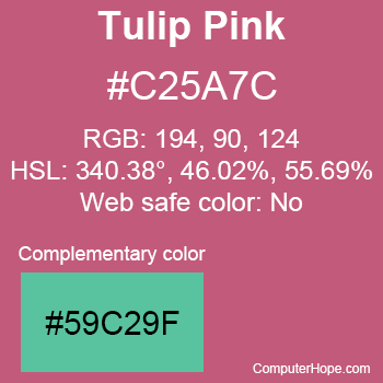 Example of Tulip Pink color or HTML color code #C25A7C with complementary color #59C29F.