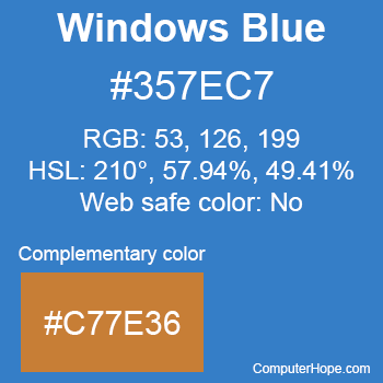 Example of Windows Blue color or HTML color code #357EC7 with complementary color #C77E36.