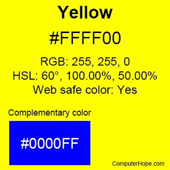 Yellow color with the HTML color code, RGB, and HSL values and that it is a web safe color.