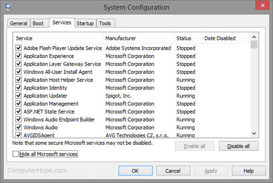 Windows msconfig utility - Services tab