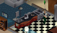 The Sims game in the kitchen.