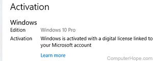 Activation status in Windows 10 Settings.