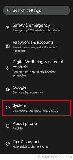 System selector on an Android device.