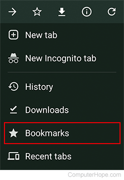 Accessing the bookmarks folder on an Android device.