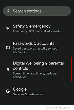 Digital Wellbeing and parental controls selector on Android.