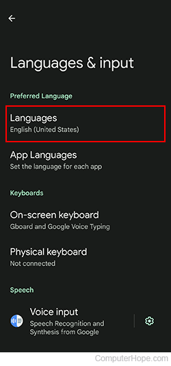 Languages selector on an Android device.