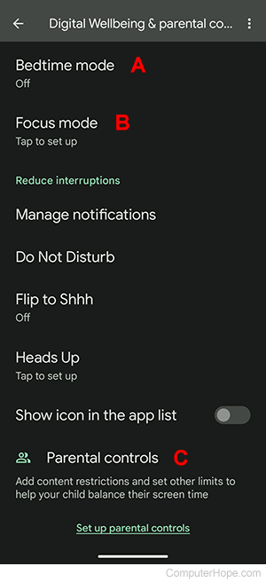 Screen time limit options on Android.
