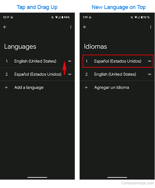 Switching the primary language on an Android device.