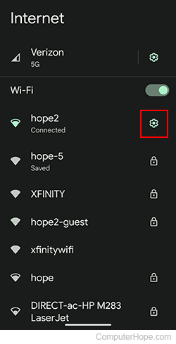 Settings icon next to Wi-Fi connection on an Android device.