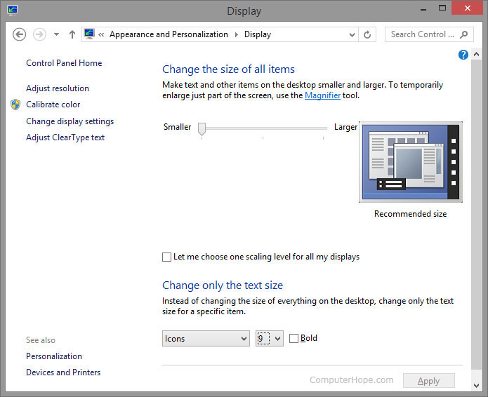 Windows appearance and personalization display