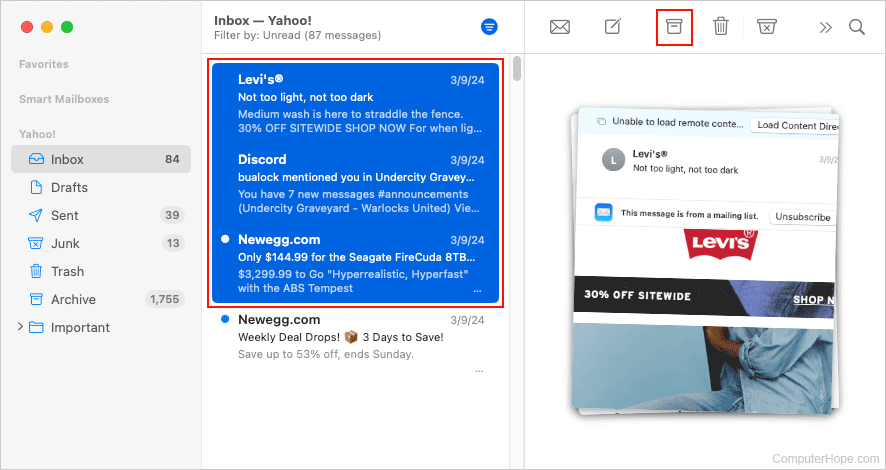 Archiving messages in Apple Mail.
