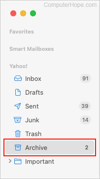 Apple Mail Archive folder selector.