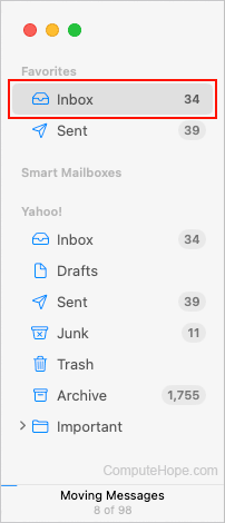 Selecting the Inbox folder Apple Mail.