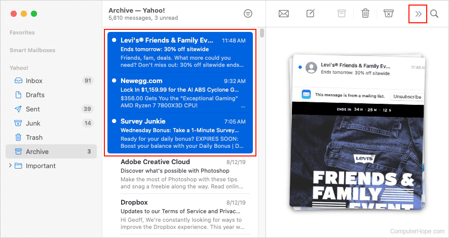 Unarchiving messages in Apple Mail.