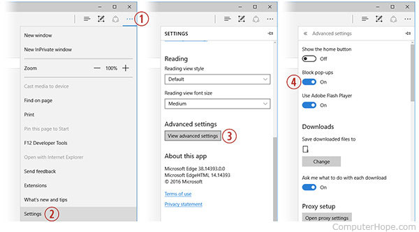 Turning on the pop-up blocking in Microsoft Edge