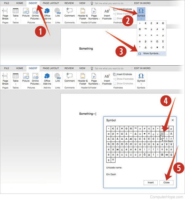 Inserting an Em dash using Microsoft Word Insert Symbol menu