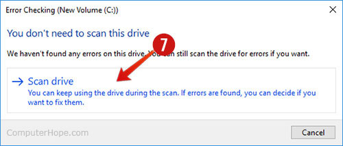 Choosing Scan Disk in the Windows 11 Error checking window