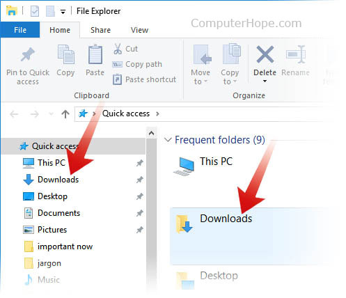 Finding the Downloads folder in a Windows 10 File Explorer window.