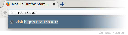 Entering the router address 192.168.0.1 into the address bar of Firefox web browser