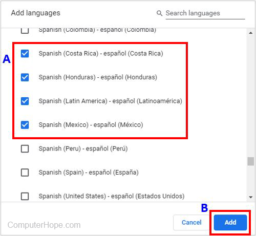 Menu where users may add new languages to Chrome.