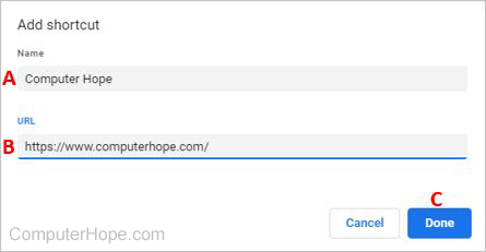 Enter website name and URL (uniform resource locator) in Chrome's Add shortcut window.