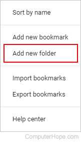 Adding a new bookmarks folder in Chrome.