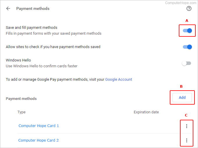 Credit card autofill options in Chrome.