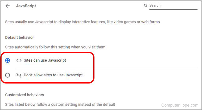 Chrome settings to allow or not allow JavaScript